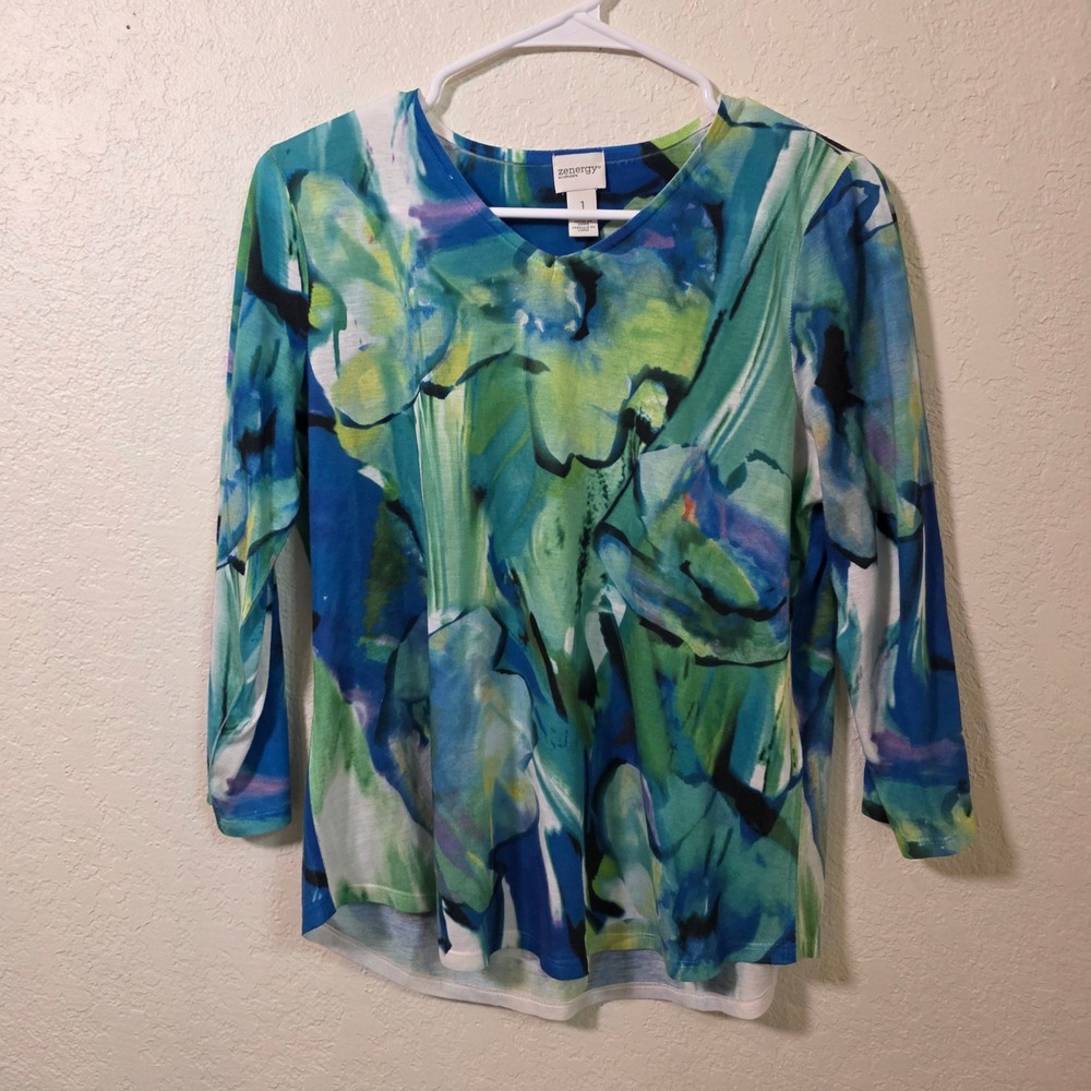 Zenergy by Chico's Absctract Print Top Size Medium Blue Green V Neck Blouse
